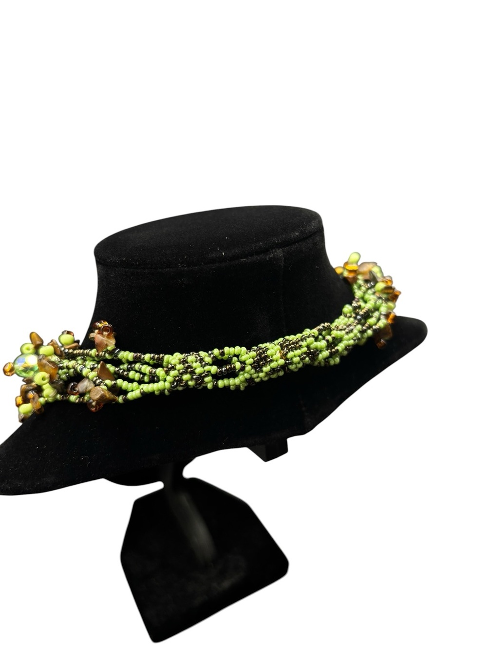 Green Seed Bead & Tiger Eye Chip Statement Necklace 18” | Boho Artisan - Picture 5 of 6